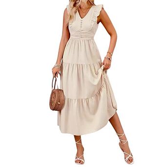 Women's Flowy Maxi Dress Casual Cap Sleeve V Neck Smocked Beach Sundress