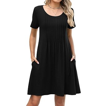 Women Midi Dresses Short Sleeve Casual Flowy Dress A Line Round Neck Beach Sundress with Pockets