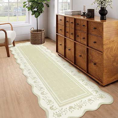 Scalloped Bordered Machine Washable Rug with Rubber Backing Non Shedding Low Pile Foldable Carpet