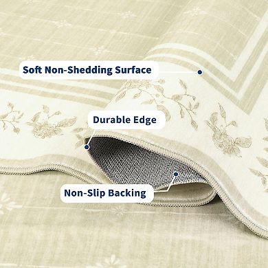 Scalloped Bordered Machine Washable Rug with Rubber Backing Non Shedding Low Pile Foldable Carpet