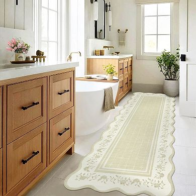 Scalloped Bordered Machine Washable Rug with Rubber Backing Non Shedding Low Pile Foldable Carpet