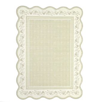 Scalloped Bordered Machine Washable Rug with Rubber Backing Non Shedding Low Pile Foldable Carpet