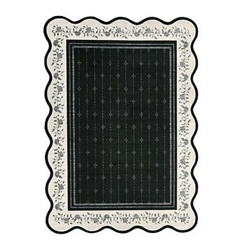 Scalloped Bordered Machine Washable Rug with Rubber Backing Non Shedding Low Pile Foldable Carpet