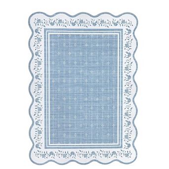 Scalloped Bordered Machine Washable Rug with Rubber Backing Non Shedding Low Pile Foldable Carpet