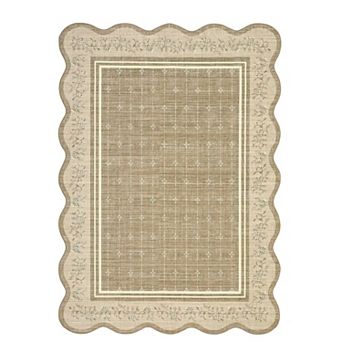 Scalloped Bordered Machine Washable Rug with Rubber Backing Non Shedding Low Pile Foldable Carpet