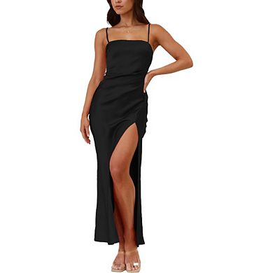 Women's High Slit Backless Coctail Dress Spaghetti Strap Long Bodycon Wedding Guest Dresses