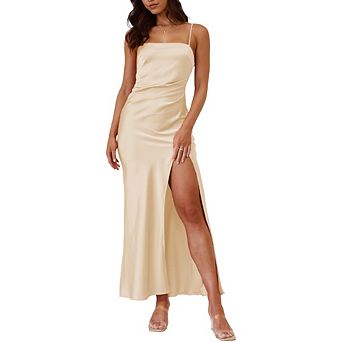 Women's High Slit Backless Coctail Dress Spaghetti Strap Long Bodycon Wedding Guest Dresses