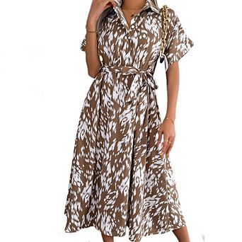 Women's Casual Long Shirt-Style Floral Print Dress Elegant Fitted Dress with Flowy Hem