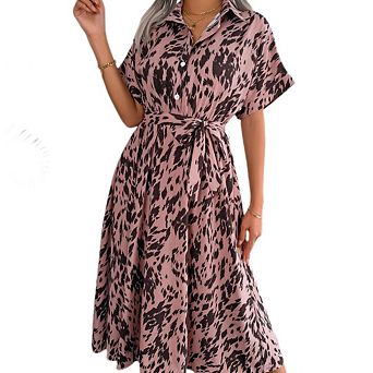 Women's Casual Long Shirt-Style Floral Print Dress Elegant Fitted Dress with Flowy Hem