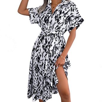 Women's Casual Long Shirt-Style Floral Print Dress Elegant Fitted Dress with Flowy Hem