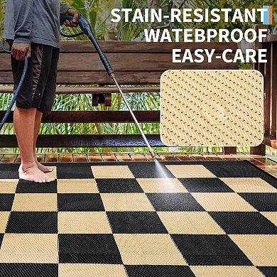 Plaid Outdoor Waterproof Rug for Camping Stain-Resistant Plastic Straw Rugs Foldable Reversible Mat