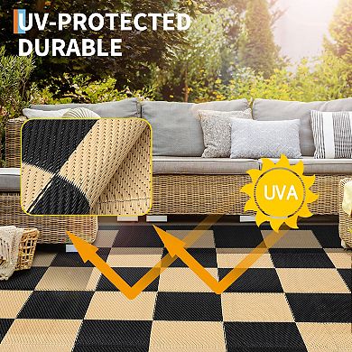 Plaid Outdoor Waterproof Rug for Camping Stain-Resistant Plastic Straw Rugs Foldable Reversible Mat