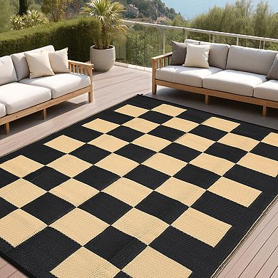 Plaid Outdoor Waterproof Rug for Camping Stain-Resistant Plastic Straw Rugs Foldable Reversible Mat