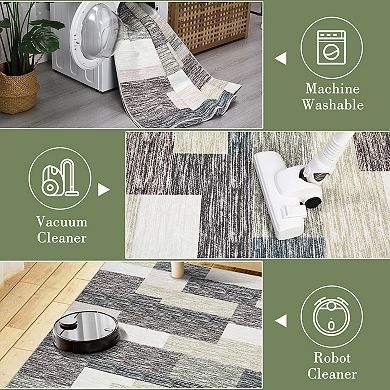 Modern Patchwork Rugs with Non-Slip Backing Soft Stain-Resistant Low Pile Indoor Mat