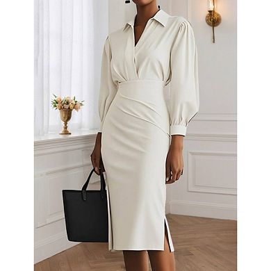 Women's Solid Color V Neck Long Sleeved Waist Shaping Ruched Midi Shirt Dress with Side Slit