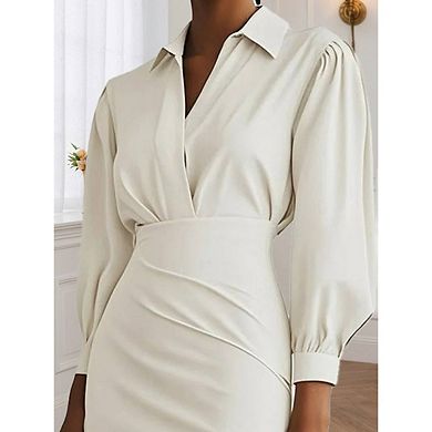 Women's Solid Color V Neck Long Sleeved Waist Shaping Ruched Midi Shirt Dress with Side Slit