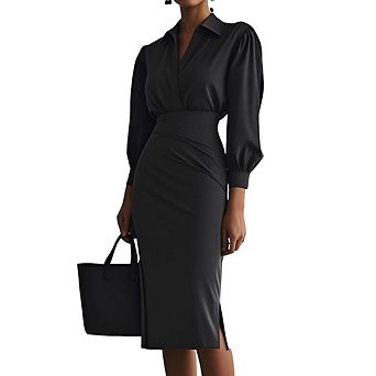 Women's Solid Color V Neck Long Sleeved Waist Shaping Ruched Midi Shirt Dress with Side Slit