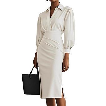 Women's Solid Color V Neck Long Sleeved Waist Shaping Ruched Midi Shirt Dress with Side Slit