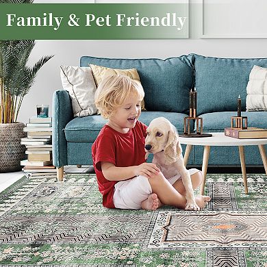 Vintage Medallion Machine Washable Rug Modern Non Slip Soft Stain Resistant Carpet