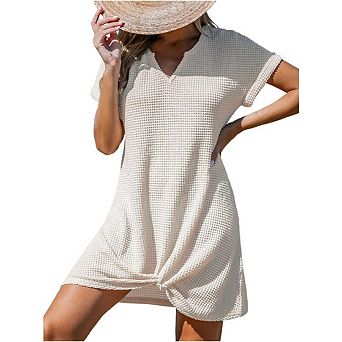 Women Swimsuit Coverup Waffle Knit V Neck Short Sleeve Beach Coverup Casual Mini Dress