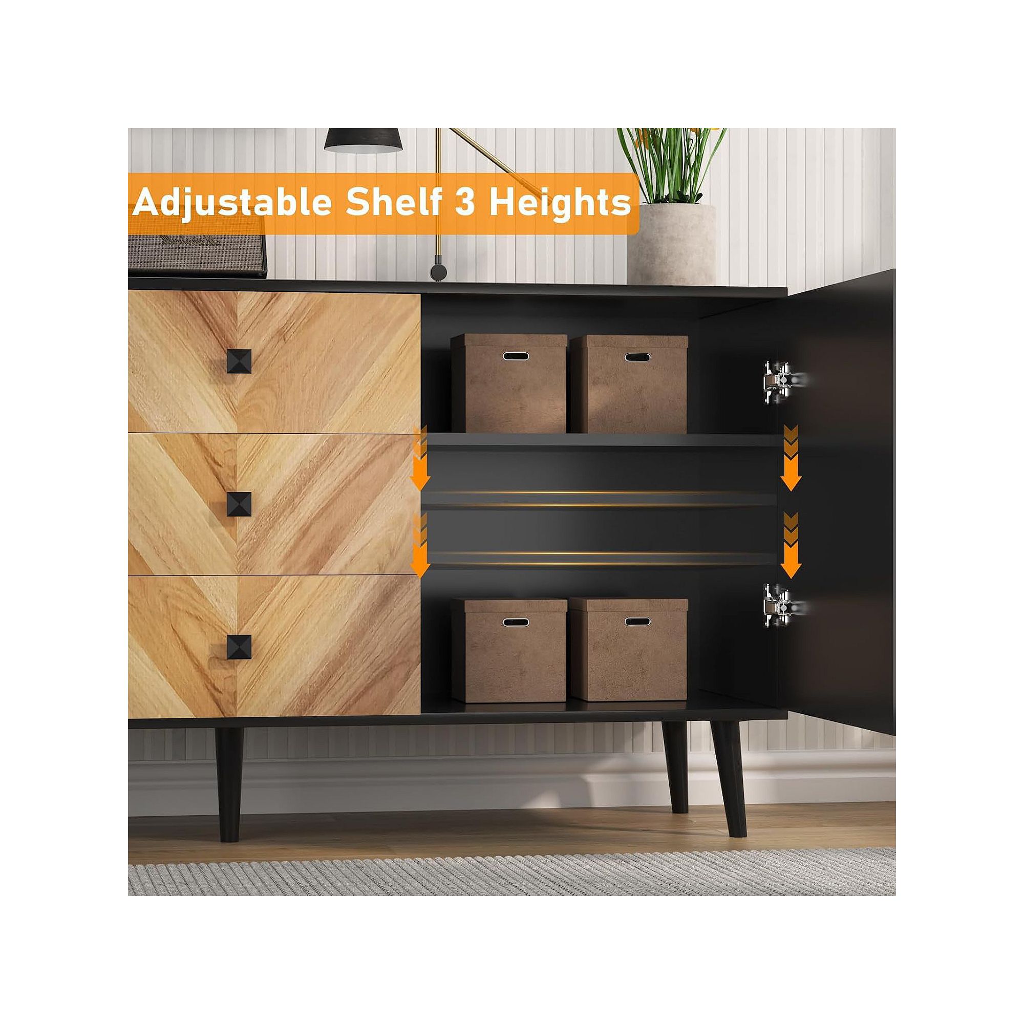 Cabinet interior with adjustable shelf heights and storage bins.