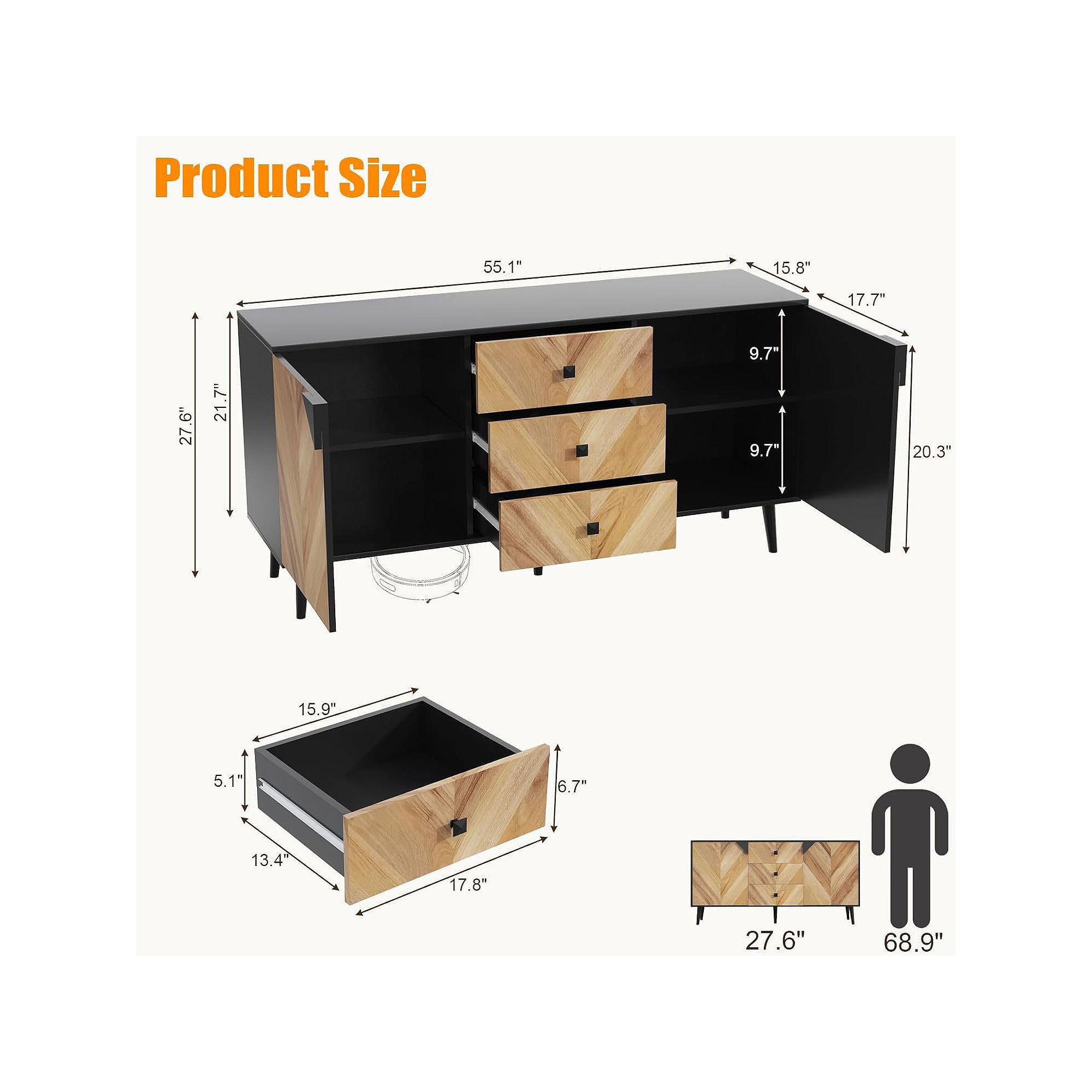 Diagram showing dimensions for the free-standing accent cabinet.