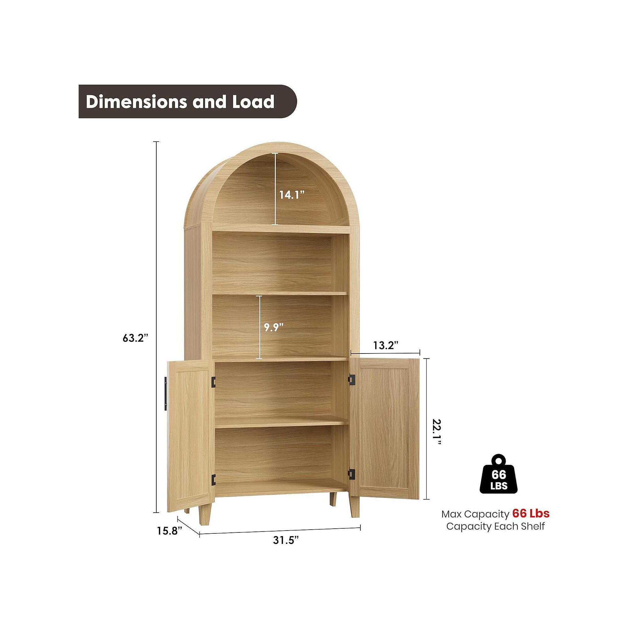 Arched pantry shelf cabinet dimensions and load ratings