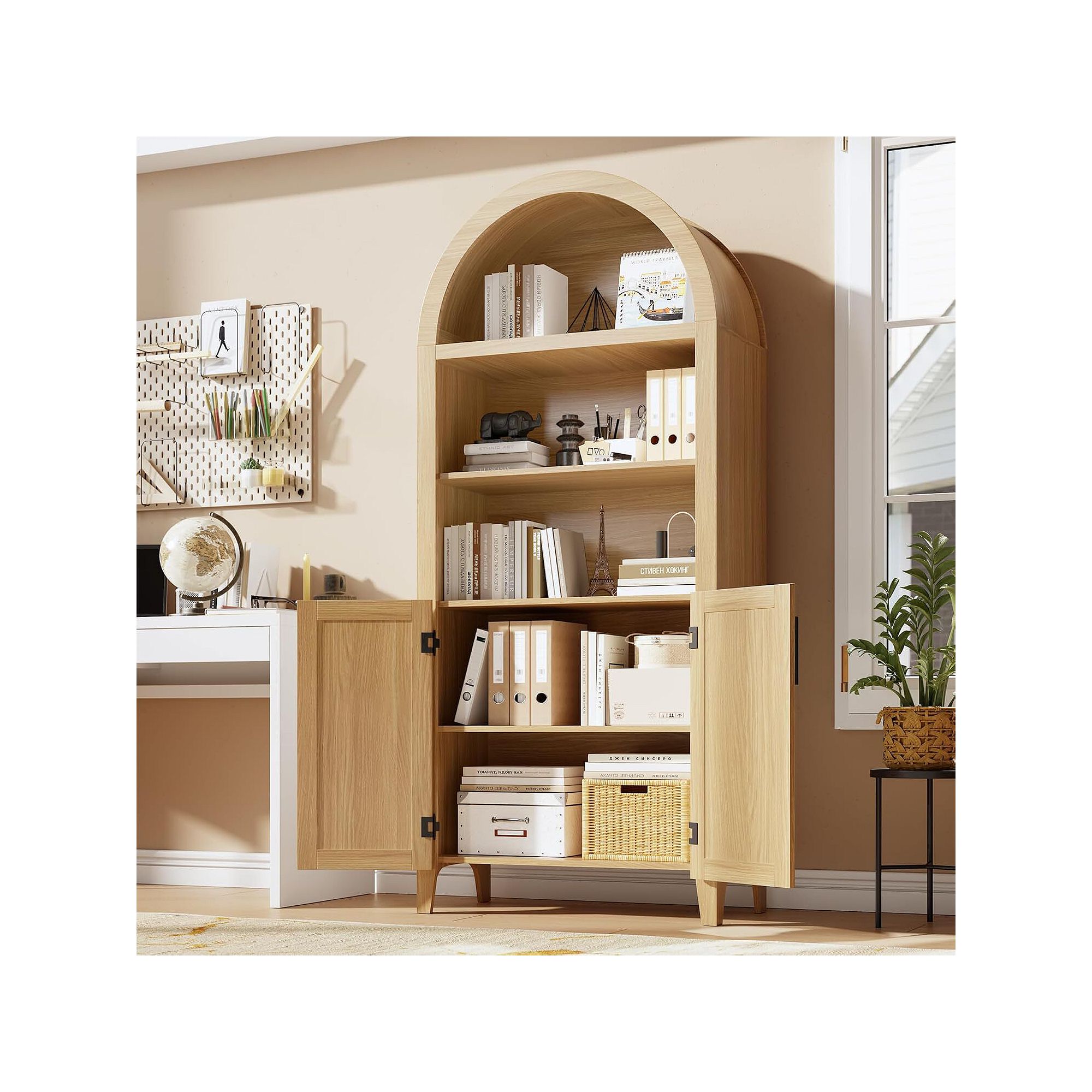 Arched kitchen pantry cabinet open shelving with two farmhouse doors