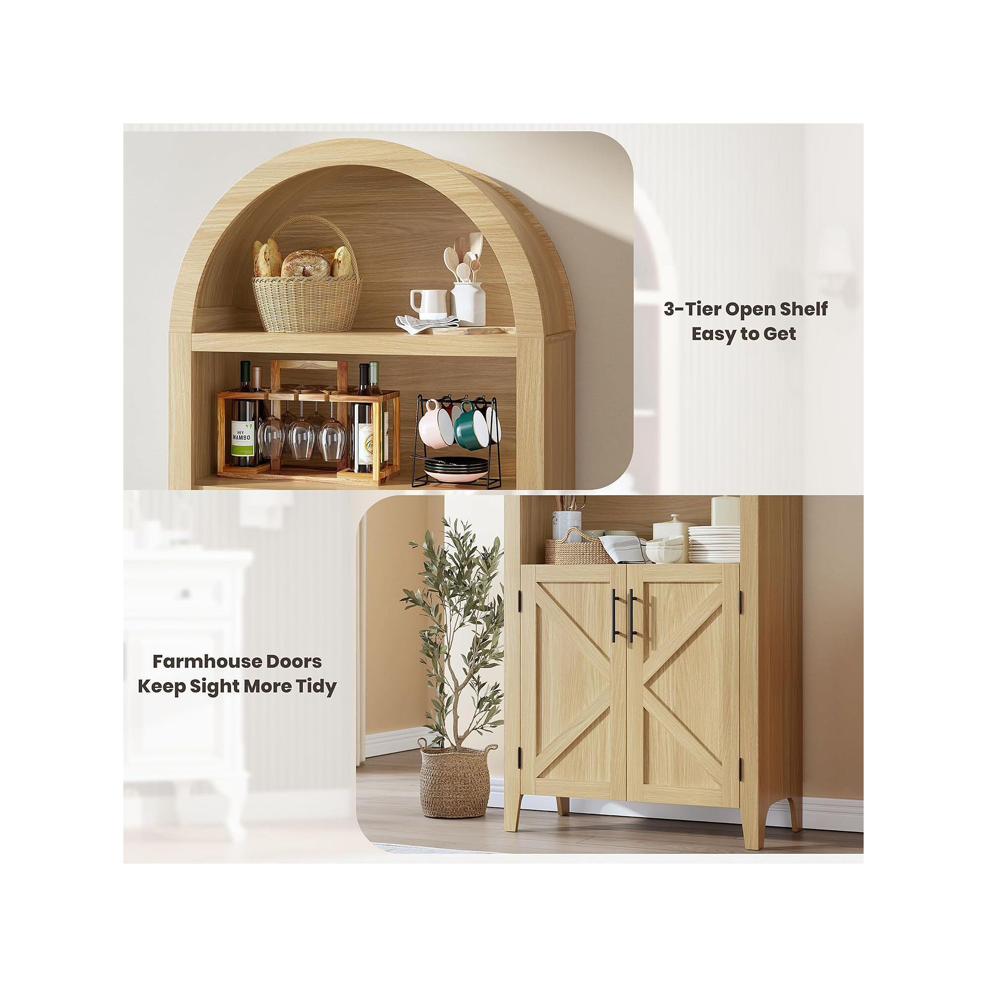 Farmhouse arched pantry cabinet features: 3-tier open shelf, easy doors