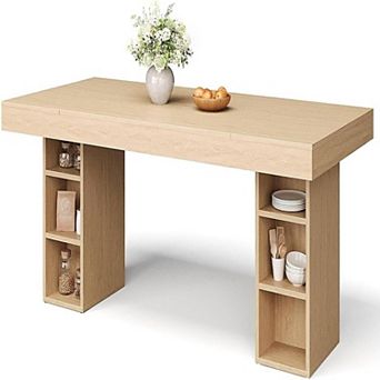 Rectangular Dining Table with Storage Shelves & Double Pedestal Base