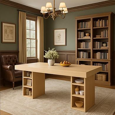 Rectangular Dining Table with Storage Shelves & Double Pedestal Base