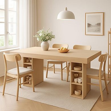 Rectangular Dining Table with Storage Shelves & Double Pedestal Base