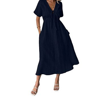 Women's Boho Midi Dress Bow Tie V-NeckTunic Short Sleeve Dress Casual Loose Long Dress