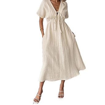 Women's Boho Midi Dress Bow Tie V-NeckTunic Short Sleeve Dress Casual Loose Long Dress