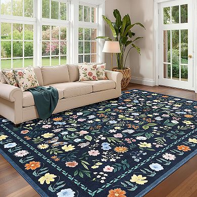 ANIXOL Washable Area Rug with Floral Pattern