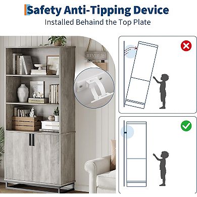 Wooden Bookshelf with Doors Metal Base Farmhouse Bookcase with Cabinet Adjustable Shelf