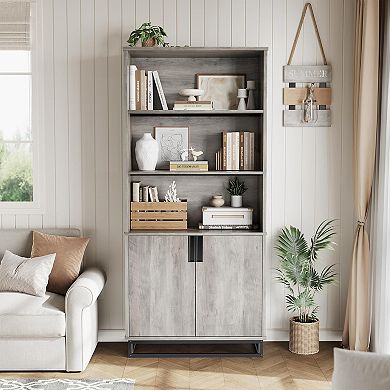 Wooden Bookshelf with Doors Metal Base Farmhouse Bookcase with Cabinet Adjustable Shelf