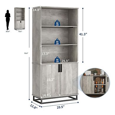 Wooden Bookshelf with Doors Metal Base Farmhouse Bookcase with Cabinet Adjustable Shelf