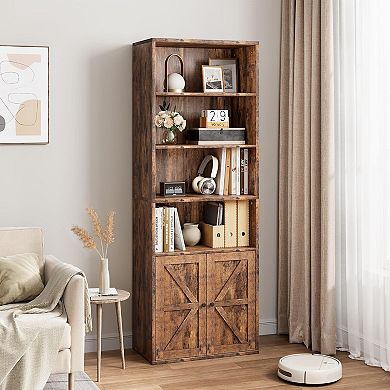 Tall Industrial and Farmhouse Style Bookcase, Space-Saving Shelf with Storage Cabinet