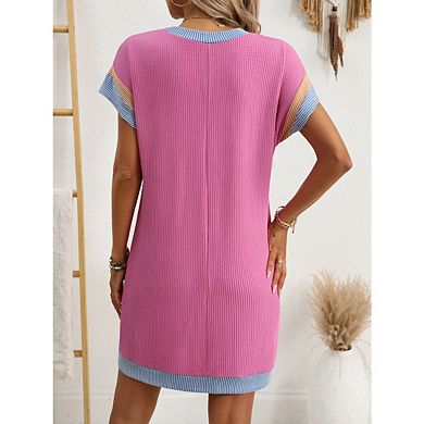 Women's Crew Neck Color Block Short Sleeve Casual Basic Loose Summer Mini Dresses with Pocket