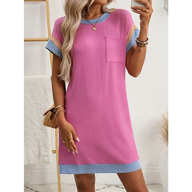 Women's Crew Neck Color Block Short Sleeve Casual Basic Loose Summer Mini Dresses with Pocket