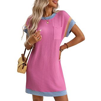 Women's Crew Neck Color Block Short Sleeve Casual Basic Loose Summer Mini Dresses with Pocket