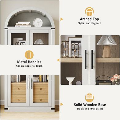 Arched Bookshelf with Doors Farmhouse Bookcase Display Storage Shelves