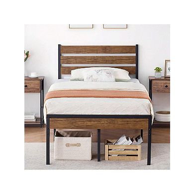 Bed Frame With Vintage Wood Headboard Mattress Foundation Strong Wood Slats Platform Support