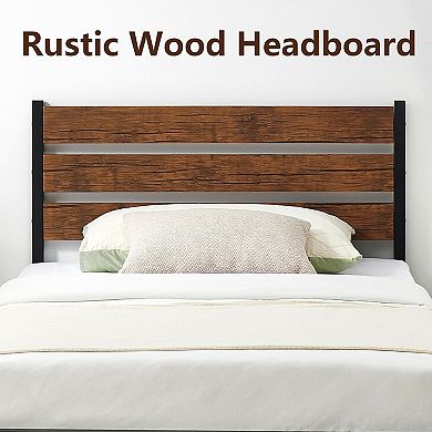 Bed Frame With Vintage Wood Headboard Mattress Foundation Strong Wood Slats Platform Support