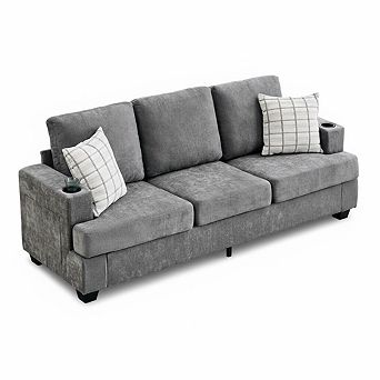 Modern 89" Chenille 3-Seater Sofa with Cup Holders and Side Storage Pockets