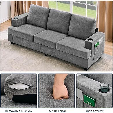 Modern 89" Chenille 3-Seater Sofa with Cup Holders and Side Storage Pockets