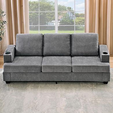 Modern 89" Chenille 3-Seater Sofa with Cup Holders and Side Storage Pockets