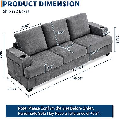 Modern 89" Chenille 3-Seater Sofa with Cup Holders and Side Storage Pockets