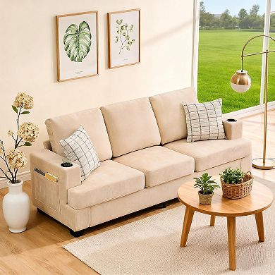 Modern 89" Chenille 3-Seater Sofa with Cup Holders and Side Storage Pockets